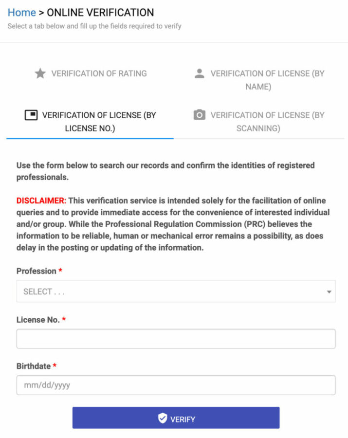 PRC Verification by License No scaled PRC online Verification by License No