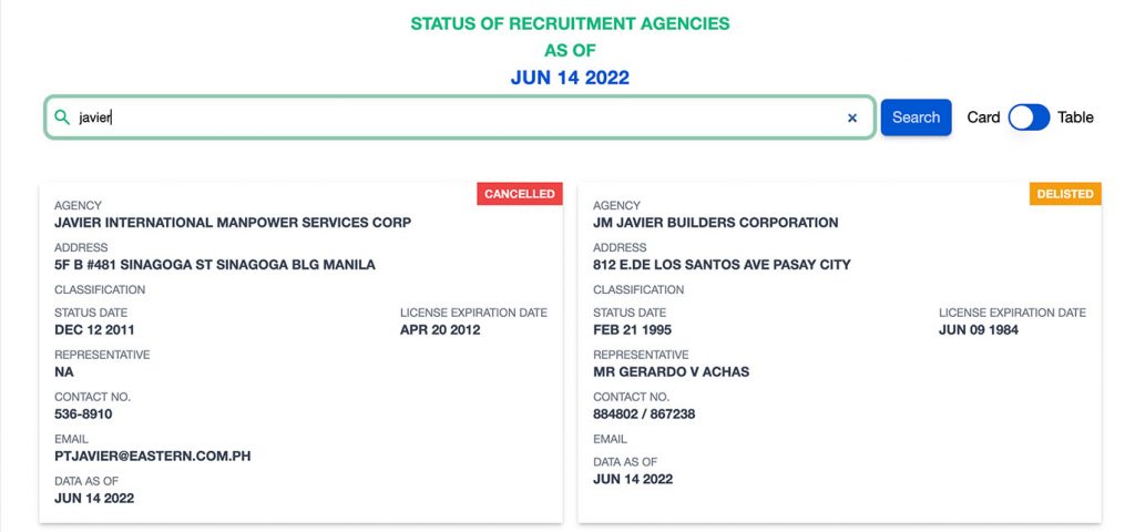 How to check illegal recruiter DMW step 3