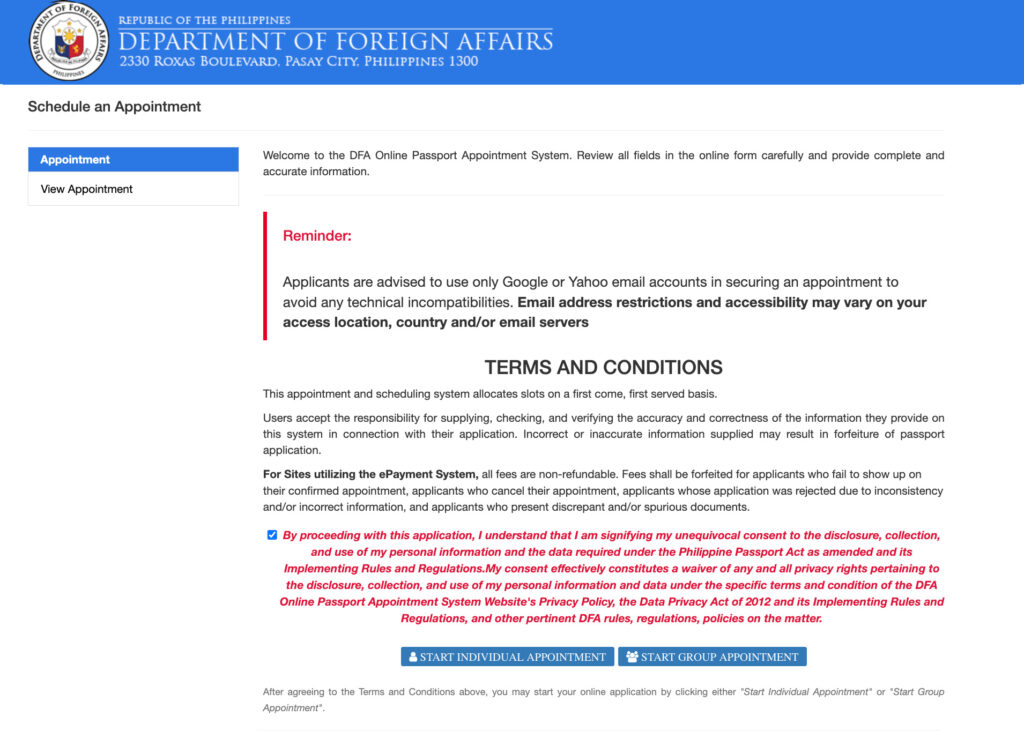 How to set Passport Appointment online scaled DFA Passport Appointment step 1