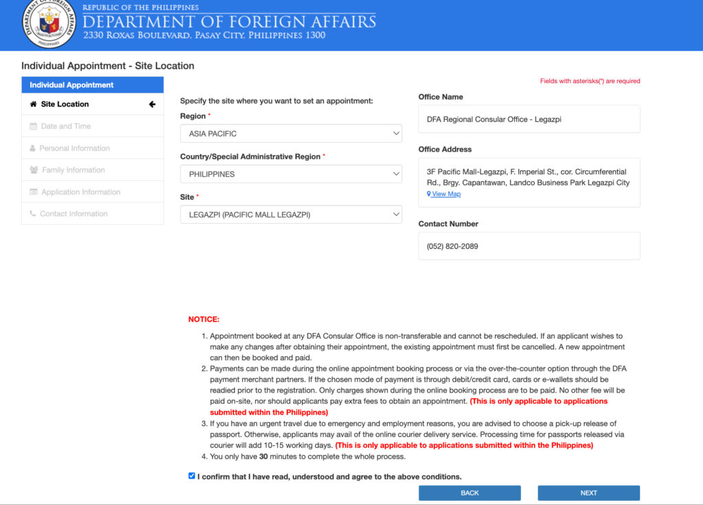 How to set passport appointment online - Site location