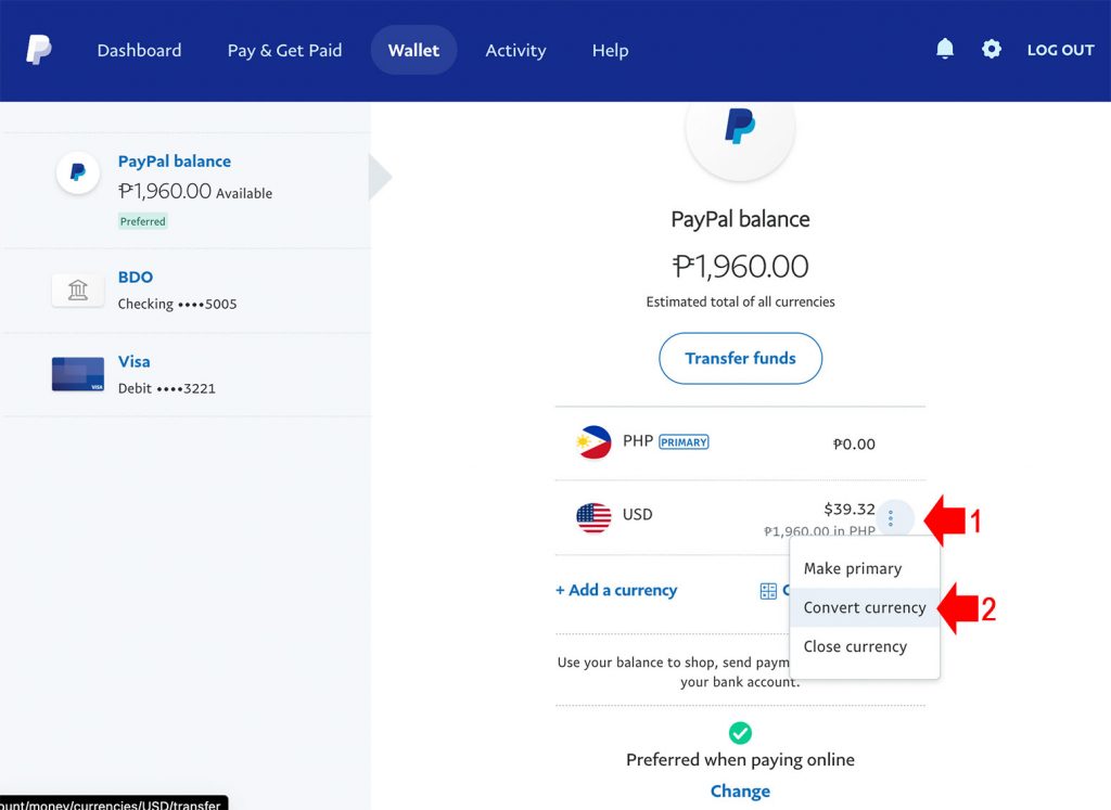 How to convert PayPal Funds from USD to PHP step 3