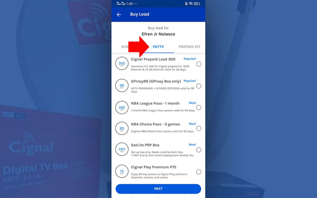 How to load Cignal TV Prepaid using GCash step 3