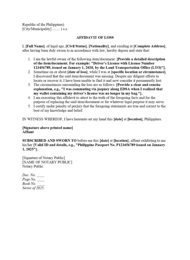 Affidavit of loss sample Affidavit of loss sample template