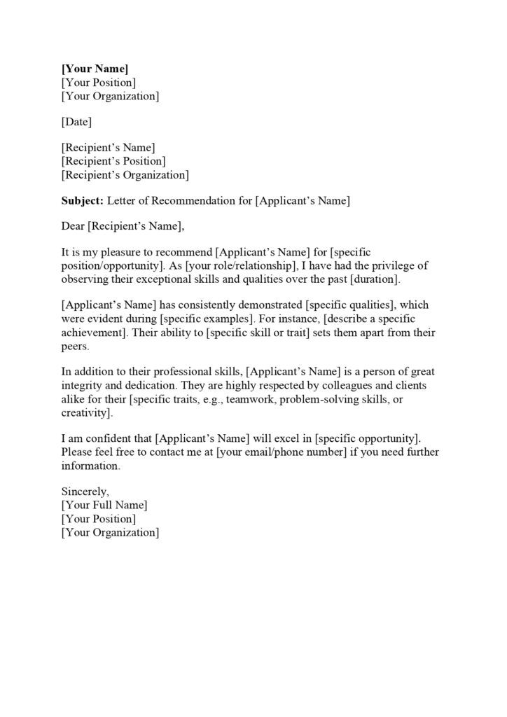 Letter of Recommendation sample Letter of Recommendation sample
