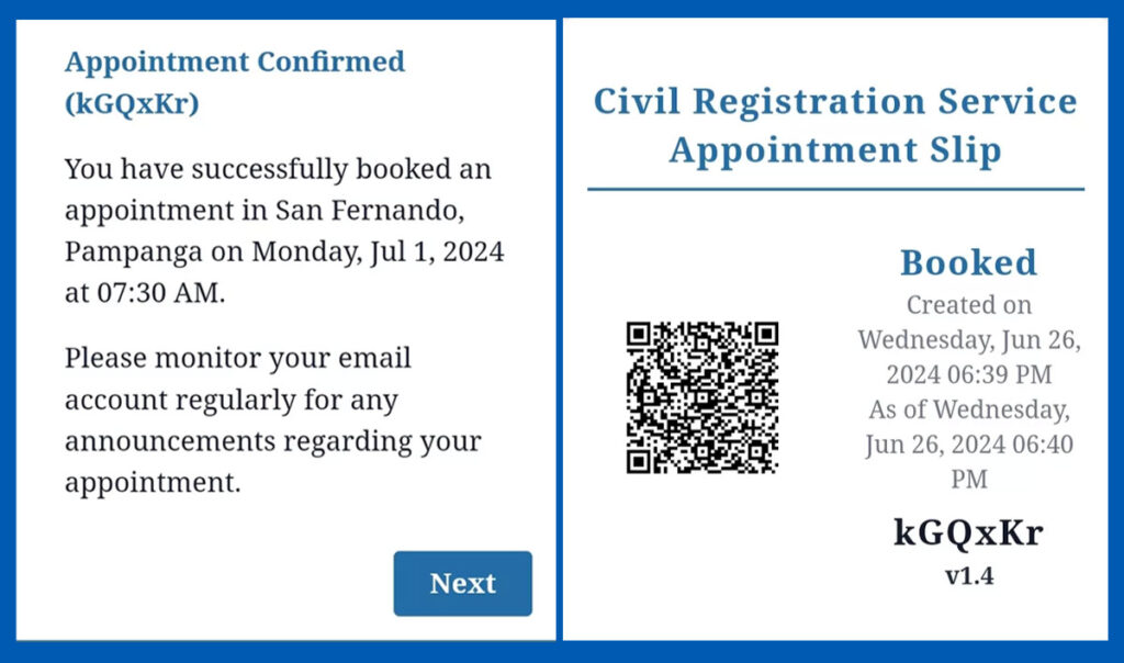 PSA online appointment - confirmed appointment