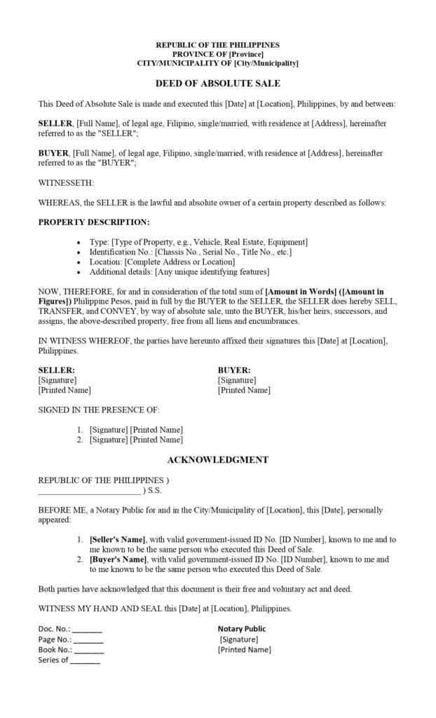 Deed of Sale Sample Deed of Sale Sample